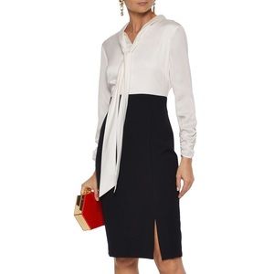 Donna Karan Tie-neck B/W satin-paneled woven dress